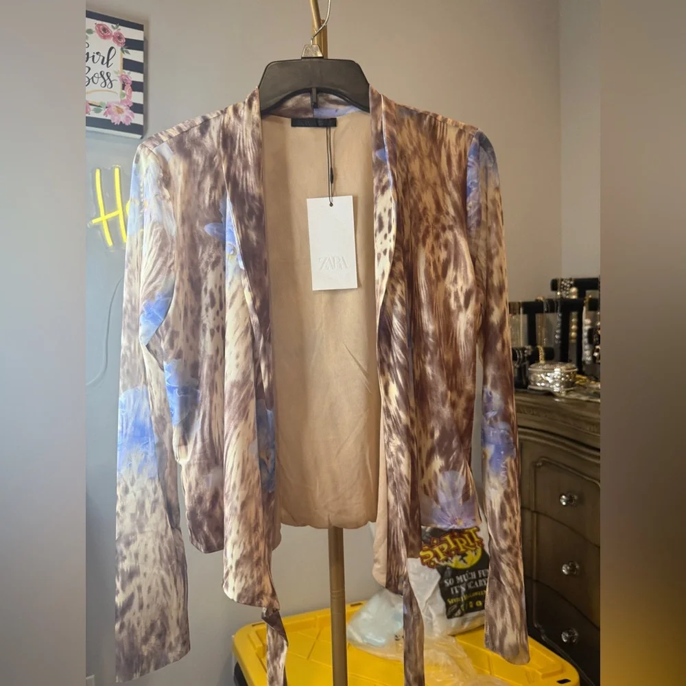Zara Brown Animal Print Wrap around Blouse with Blue Floral Details - Picture 4 of 16